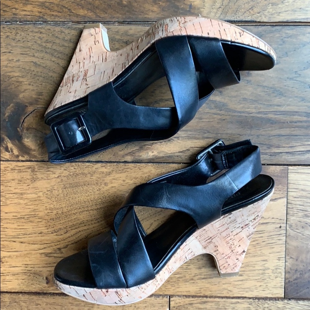 Franco Sarto Black Leather Cork Wedge 8.5
